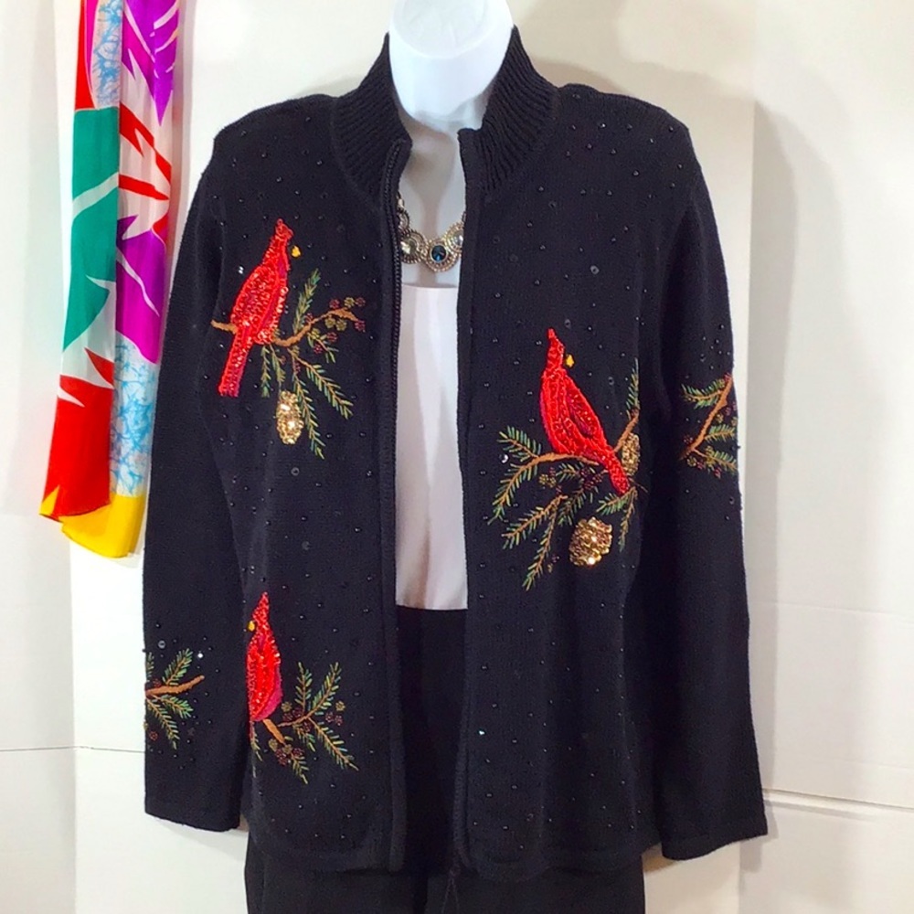 Tiara vintage red bird sequin zip front sweater S